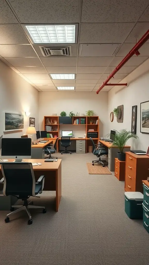 27+ Inspiring Basement Office Ideas for Ultimate Productivity 7 A spacious basement office with multiple desks, bright lighting, and organized storage.