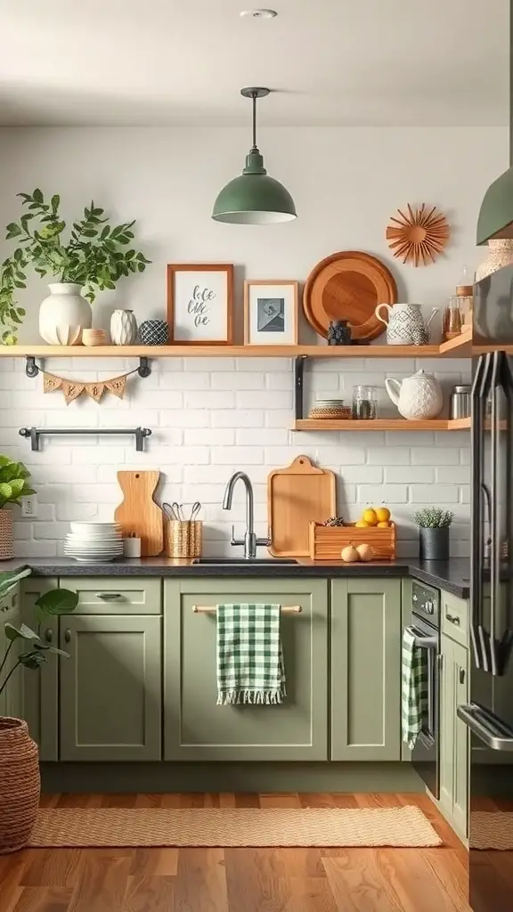A cozy kitchen featuring green cabinets, wooden shelves, and decorative elements.