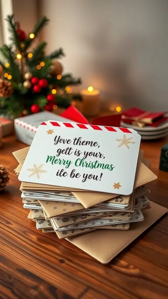 29+ Stunning Leopard Christmas Decor Ideas to Elevate Your Holiday Style 15 A stack of leopard themed Christmas cards with festive decorations in the background