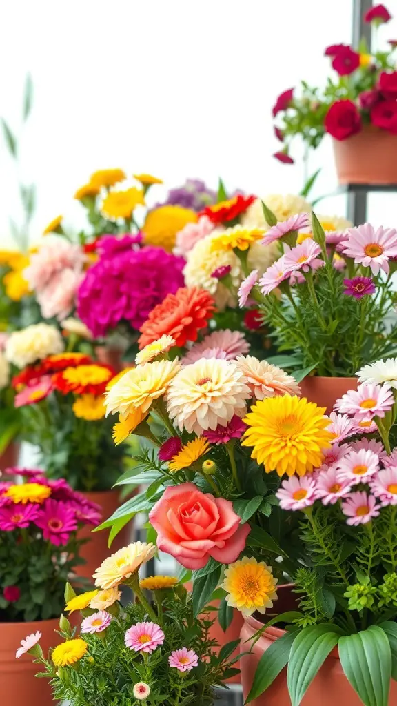 A vibrant display of various flowering plants in terracotta pots, showcasing colorful blooms.