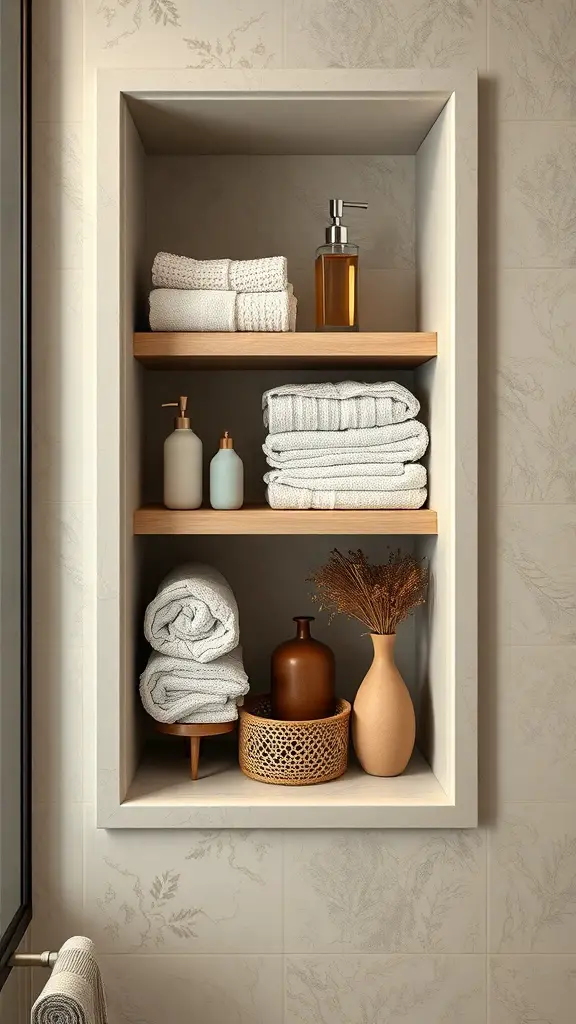 A built-in shelf in a bathroom displaying neatly rolled towels and decorative items.