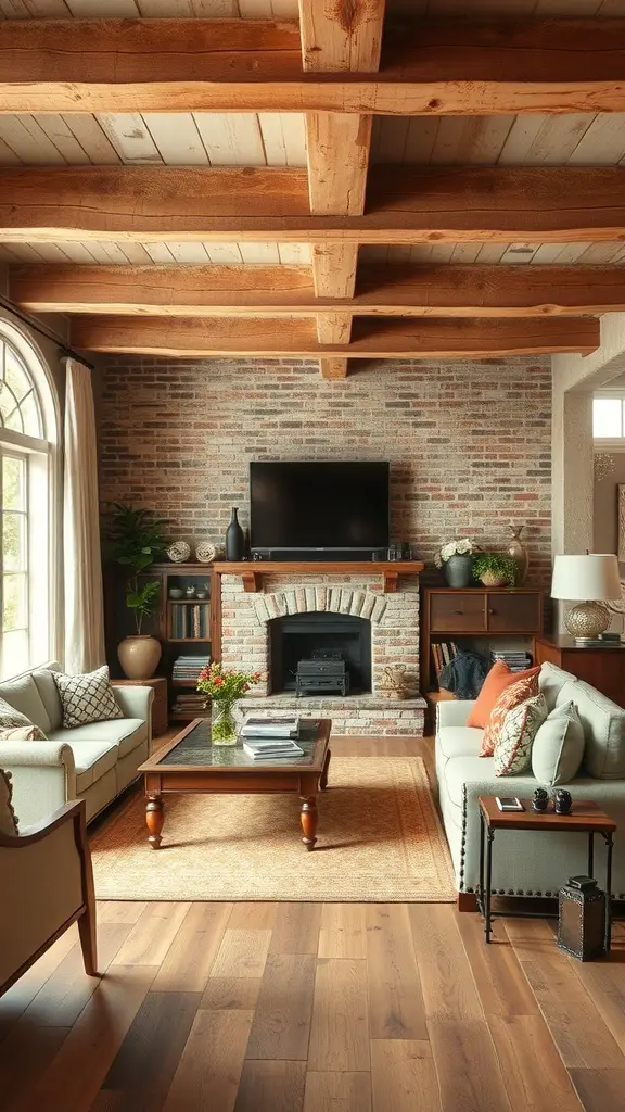 27+ Earthy Living Room Ideas with 15 Must-Have Items 10 A rustic living room with wooden beams, brick fireplace, and cozy seating.