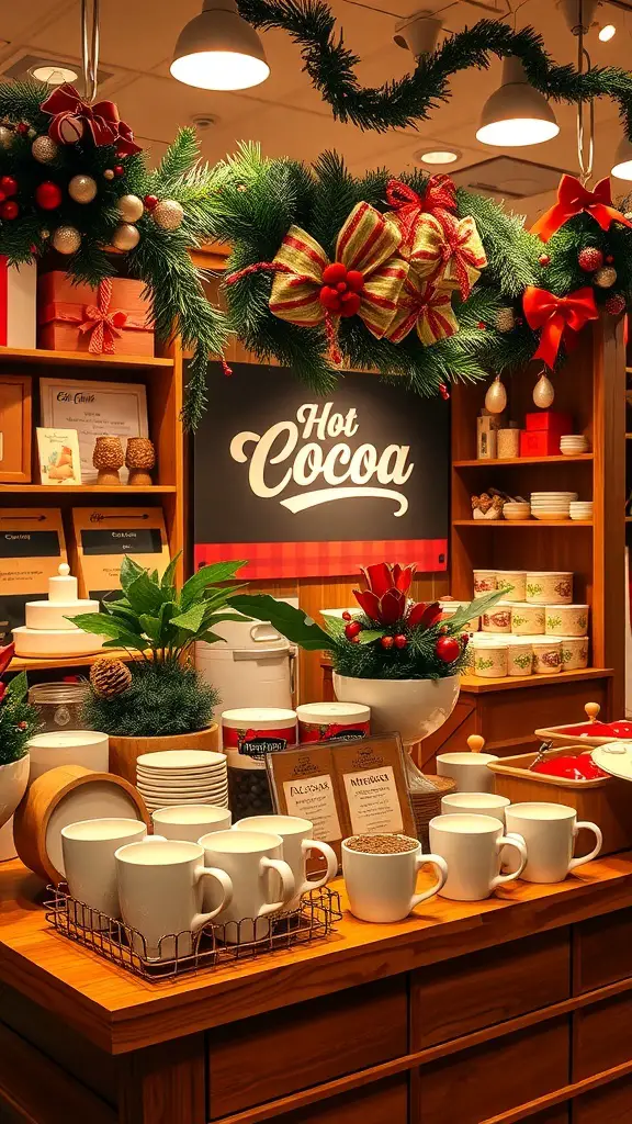 25+ Festive Christmas Store Displays to Inspire Your Retail Space 16 A cozy hot cocoa bar with festive decorations, featuring a sign that says 'Hot Cocoa', mugs, and toppings.
