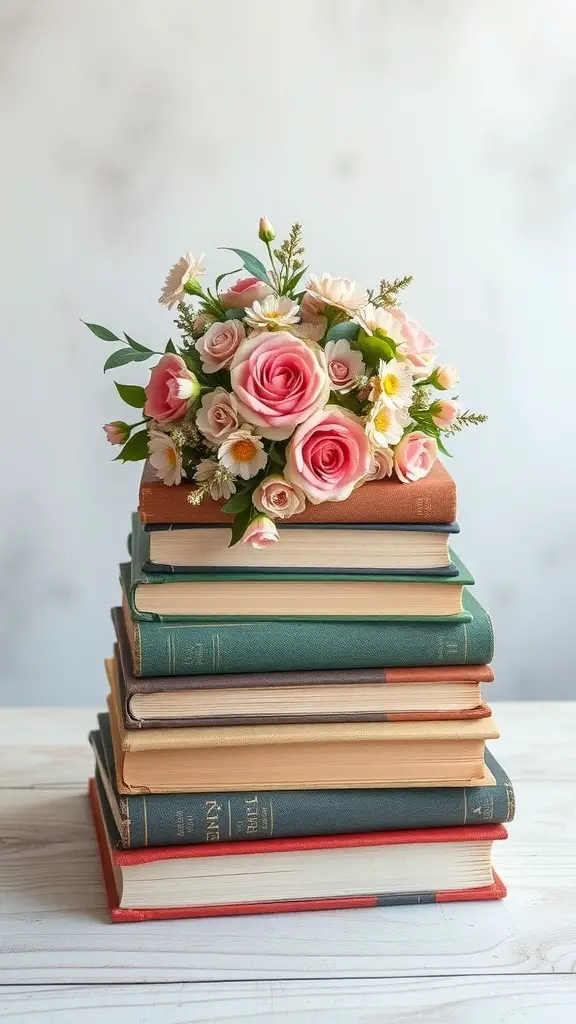 23+ Stunning Dining Table Centerpiece Ideas 9 A stack of vintage books topped with a bouquet of pink roses and daisies.