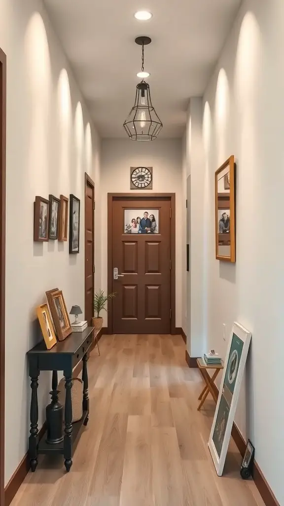 A cozy hallway with framed photos, a small table, and warm lighting.
