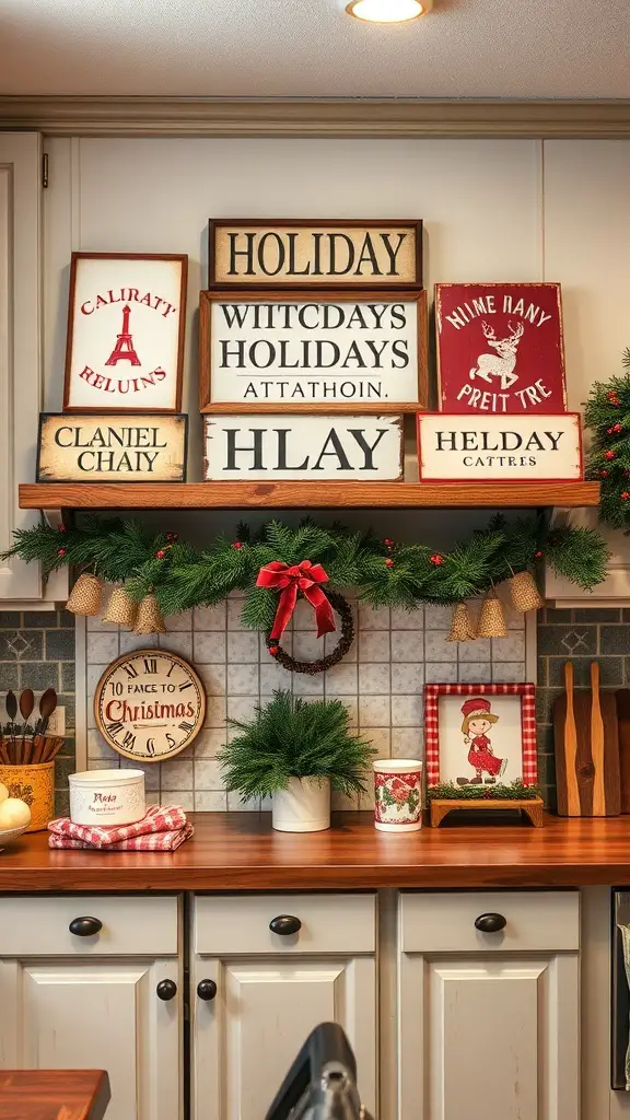 29+ Creative Christmas Decor Ideas for Above Kitchen Cabinets 3 A collection of vintage holiday signs displayed above kitchen cabinets, surrounded by greenery.