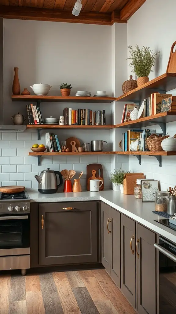 A corner kitchen with open wooden shelves displaying books, plates, and decorative items.