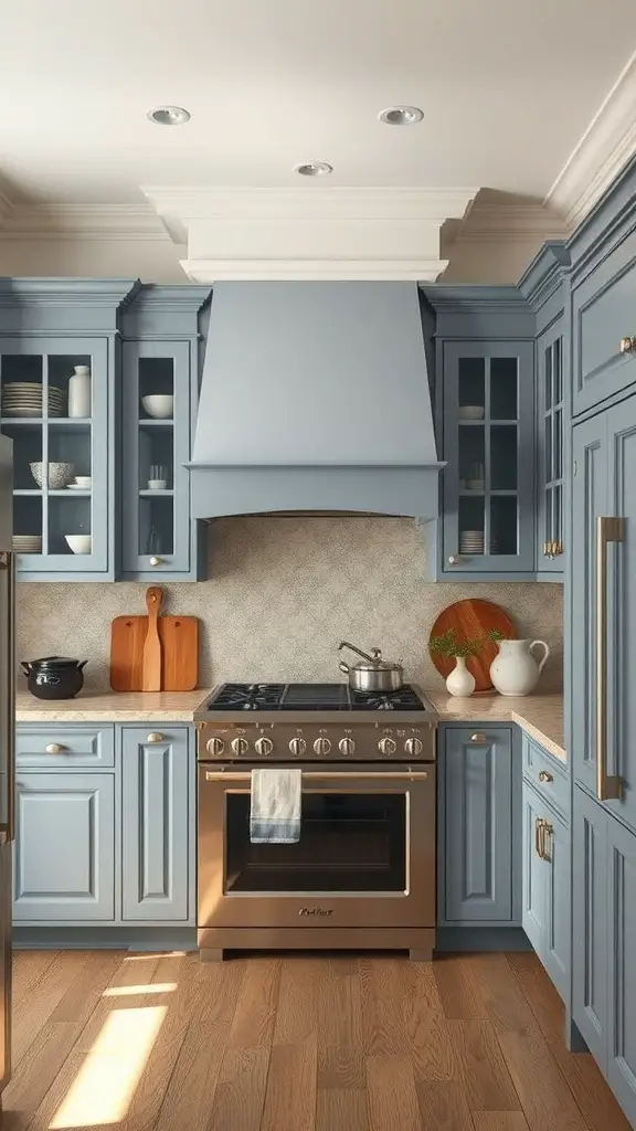 29+ Stunning Blue Gray Kitchen Cabinets to Transform Your Space 10 A kitchen with blue gray cabinets, stainless steel stove, and warm wood flooring.