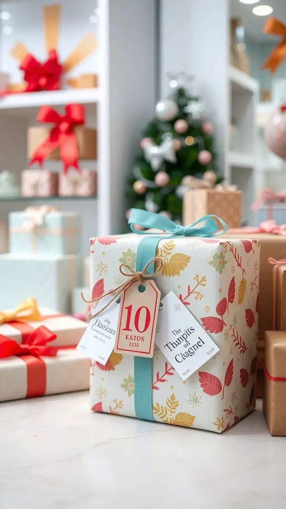 25+ Unique Christmas Boutique Ideas for Your Holiday Shopping 4 A beautifully wrapped gift with autumn leaves design and a blue ribbon, surrounded by other colorful gifts and a Christmas tree in the background.