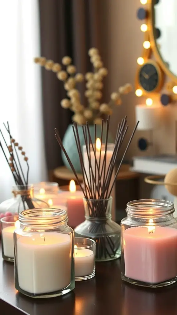 27+ Creative Dollar Tree Gifts for Your Coworkers 7 An assortment of scented candles in jars, some lit, creating a cozy atmosphere.
