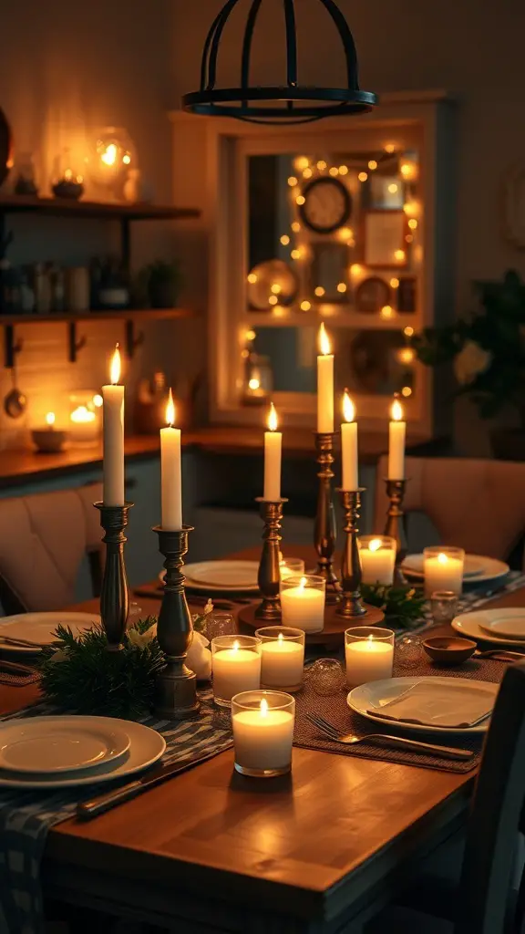 25+ Stunning Kitchen Table Decor Ideas to Elevate Your Space 5 A beautifully set kitchen table with various candle arrangements creating a warm glow.