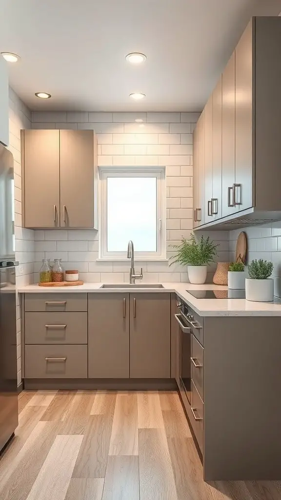 A small kitchen featuring taupe cabinets, light countertops, and plants for decor.
