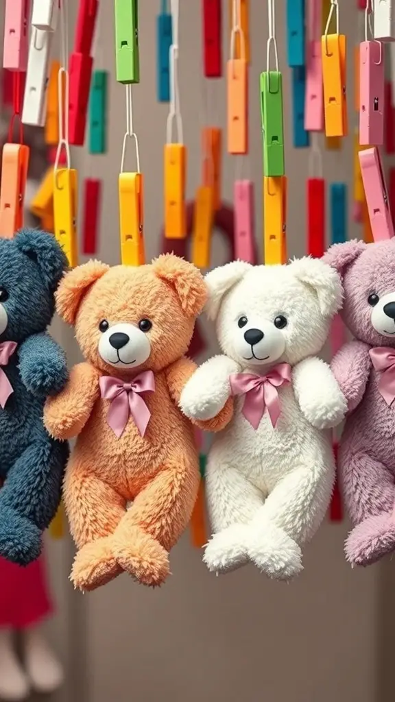 27+ Adorable Bear Baby Shower Ideas for the Perfect Celebration 10 Colorful teddy bears hanging from clothespins, perfect for a bear-themed baby shower.