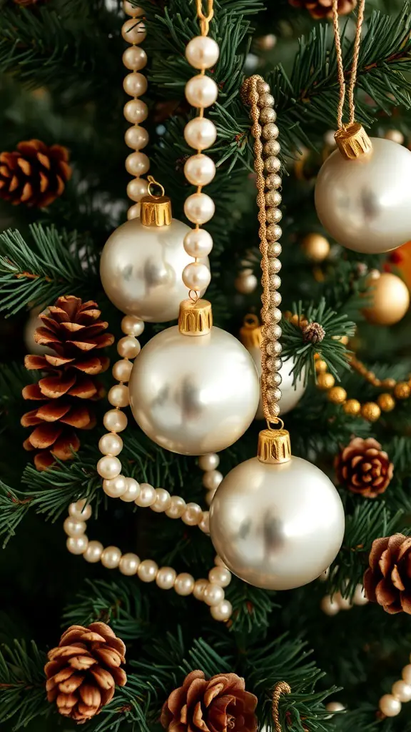27+ Stunning Pearl Christmas Tree Decorations for a Glamorous Holiday Look 14 Christmas tree decorated with pearl ornaments and pine cones