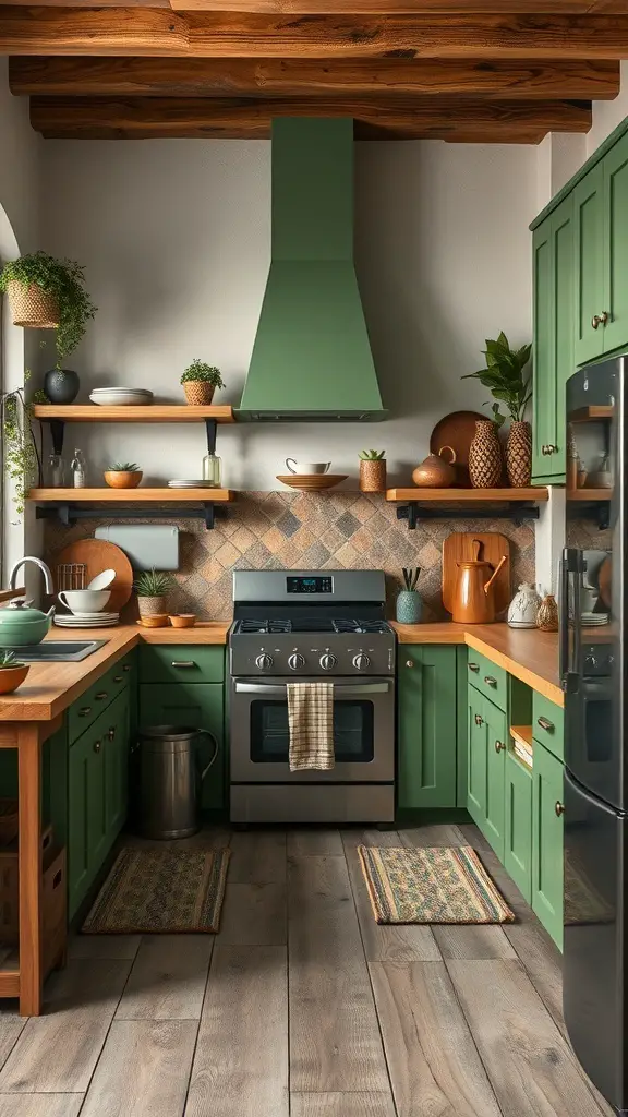 A rustic kitchen featuring green cabinets, wooden countertops, and modern appliances.