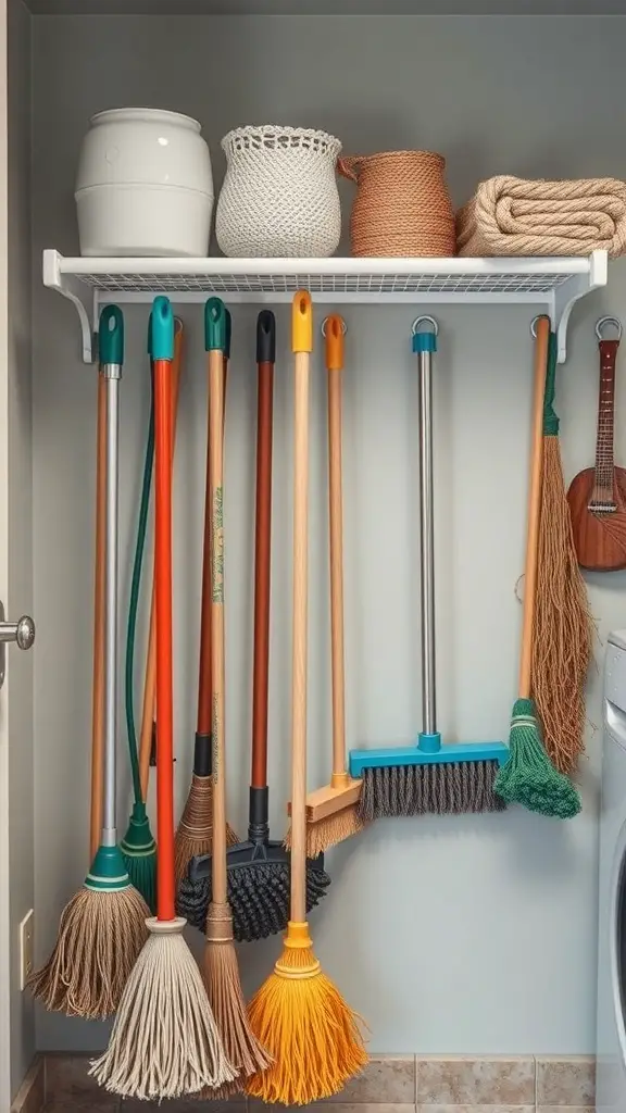Organized laundry room with hanging mops and brooms on a rack
