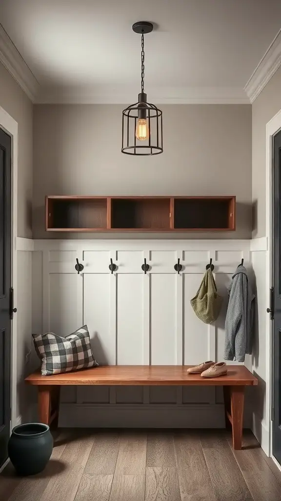 25+ Stylish Mudroom Lighting Ideas to Illuminate Your Space 5 Mudroom with a chic pendant light above a wooden bench and hooks