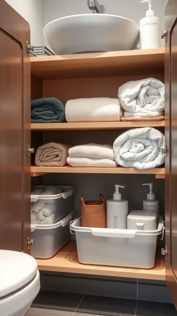 Organized under-sink cabinet with rolled towels and storage bins.