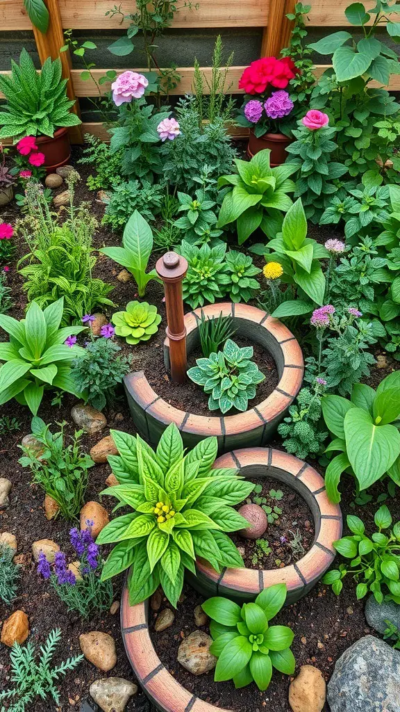 A colorful herb spiral garden filled with various herbs and flowers.