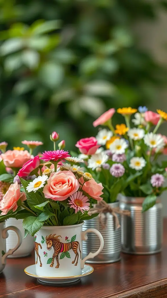 A decorative cup filled with colorful flowers next to shiny tin cans with flowers, showcasing recycled household items as flower containers.