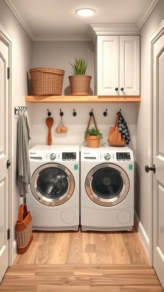 25+ Stylish Mudroom and Laundry Room Combo Ideas to Maximize Space 7 A modern mudroom-laundry combo featuring two washing machines, a wooden shelf with baskets and a plant, and hooks for hanging items.