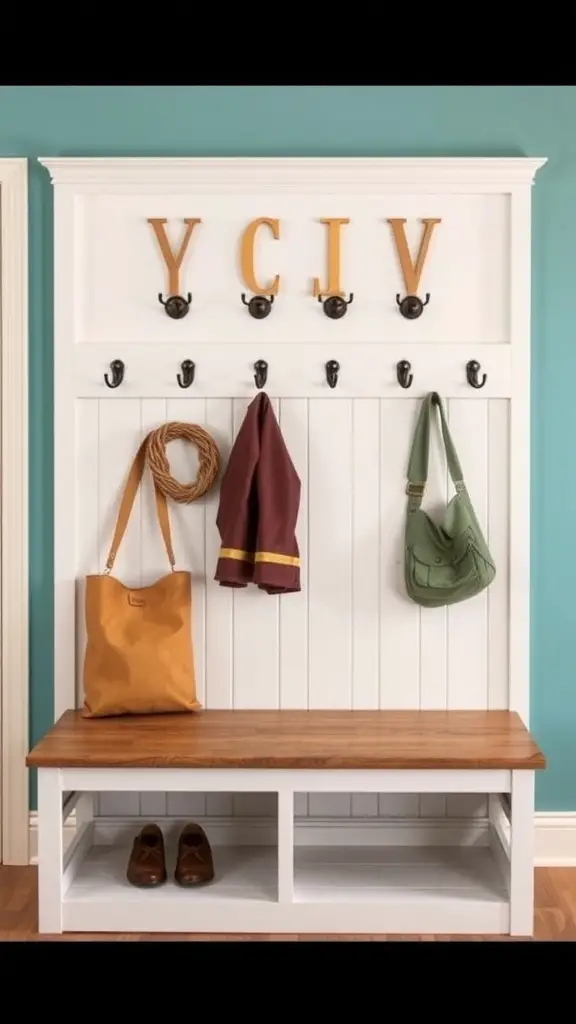 25+ Inspiring DIY Mudroom Bench Ideas to Revamp Your Space 4 A mudroom bench with hooks for coats, featuring a wooden top and white base, personalized letters, and space for shoes.