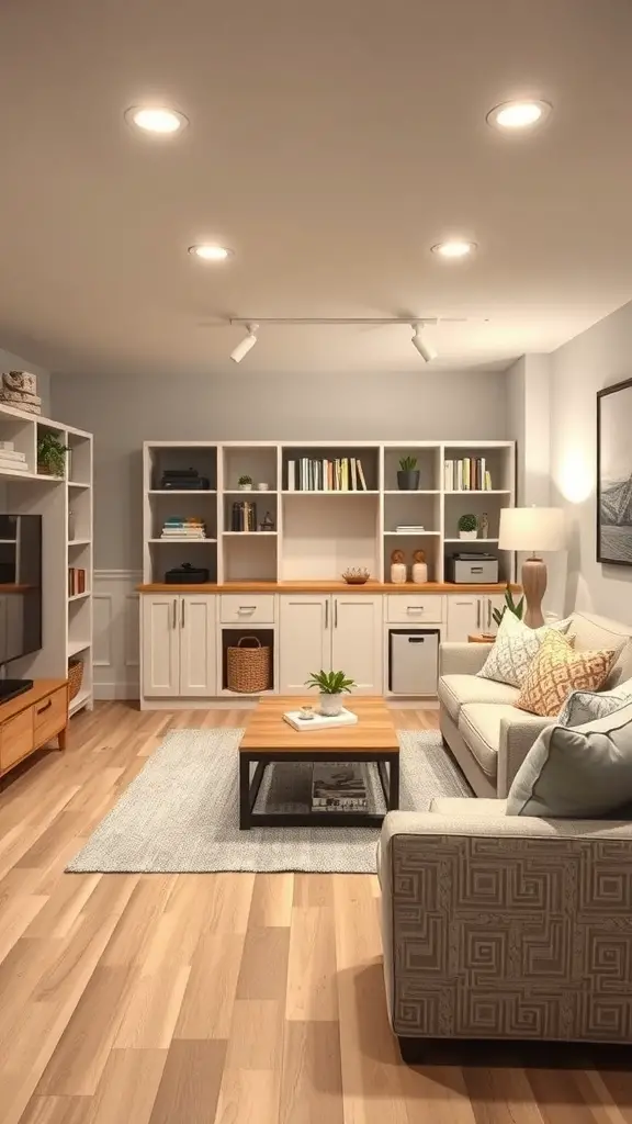 29+ Inspiring Basement House Ideas for Your Next Home Project 8 Cozy basement living area with light colors, stylish furniture, and organized storage.