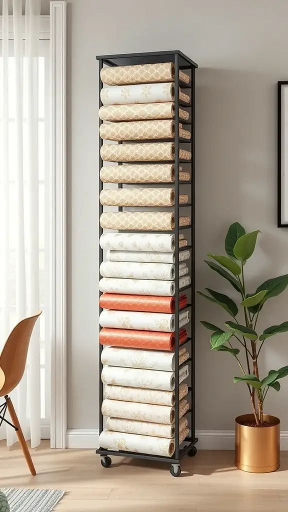 A vertical wrapping paper holder displaying various rolls of wrapping paper in a stylish and organized manner.
