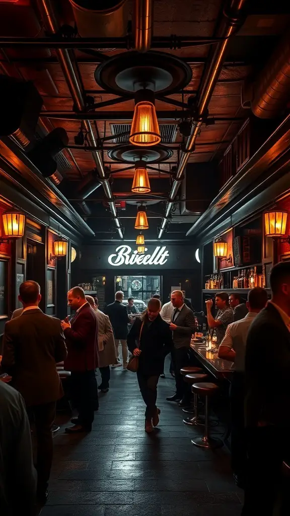 23+ Hidden Gem Speakeasies to Discover in the Basement 11 A lively speakeasy-style bar with warm lighting and patrons enjoying drinks.