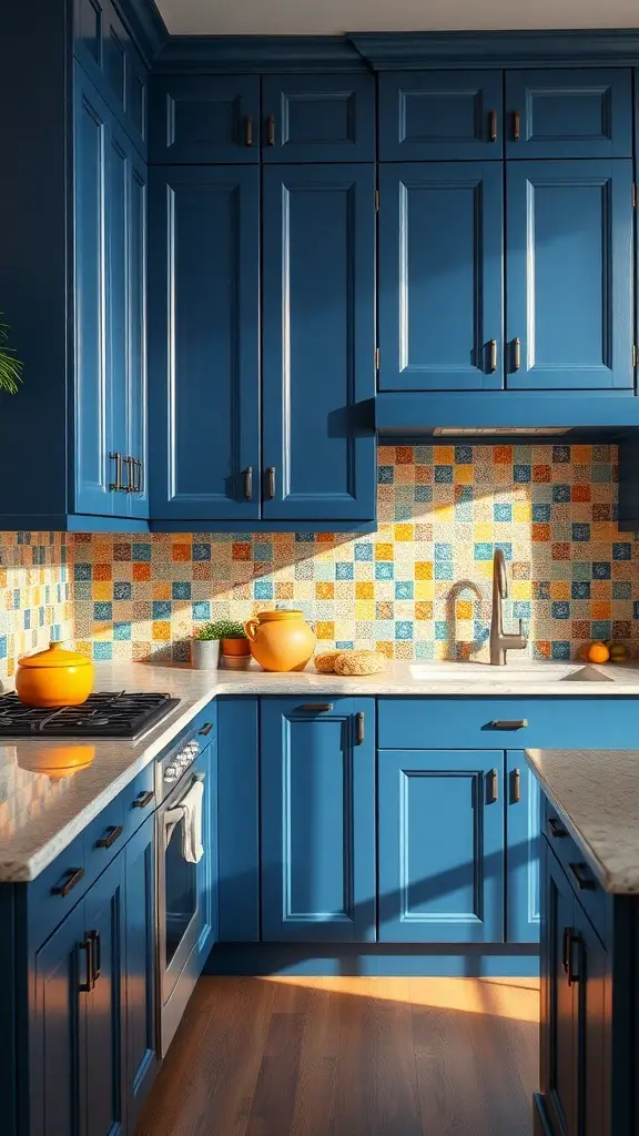 27+ Stunning Dark Blue Kitchen Cabinet Ideas for a Stylish Upgrade 14 A kitchen featuring dark blue cabinets and a colorful mosaic backsplash.