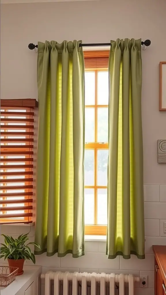 Sage green curtains with wooden blinds in a kitchen setting