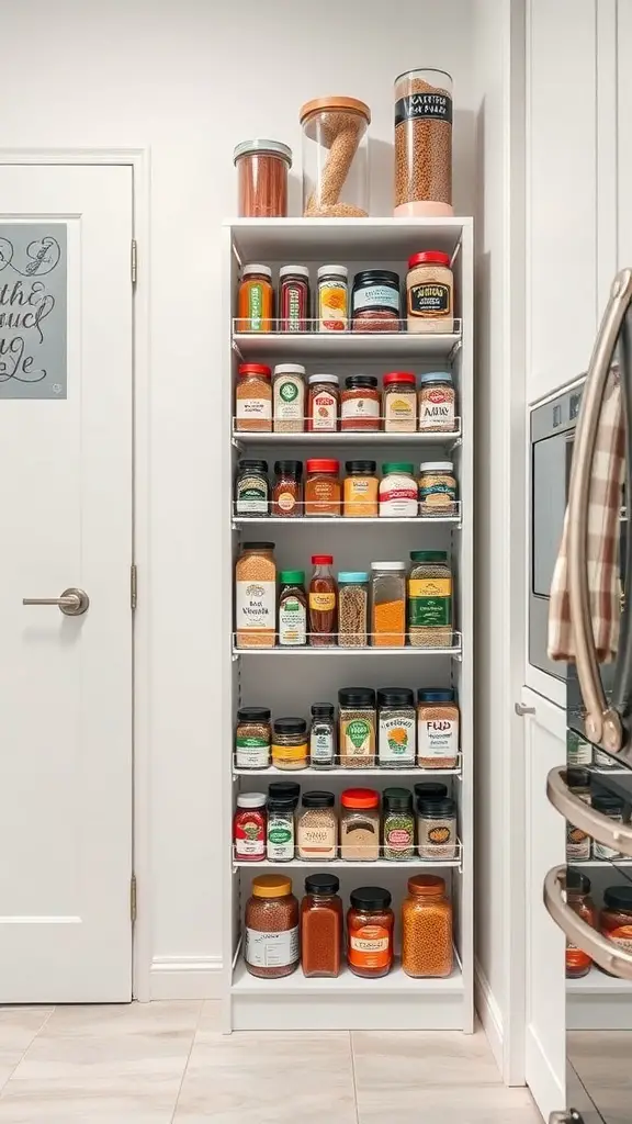 Vertical pantry shelves filled with various jars and spice containers in a small kitchen