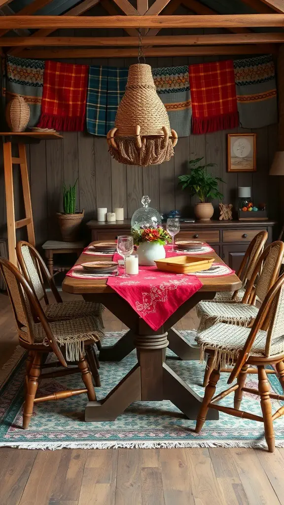 29+ Stunning Dining Room Table Decor Ideas 5 A cozy bohemian dining room table arrangement featuring a wooden table with a red table runner, woven chairs, and a vibrant centerpiece.