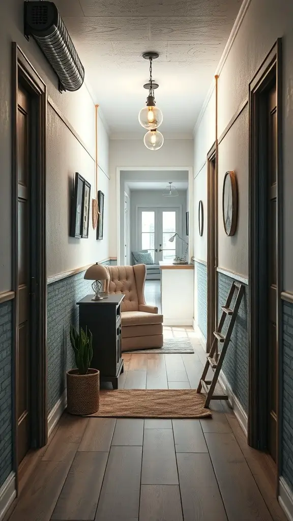 A stylish tiny hallway with blue walls, wooden flooring, and decorative elements.