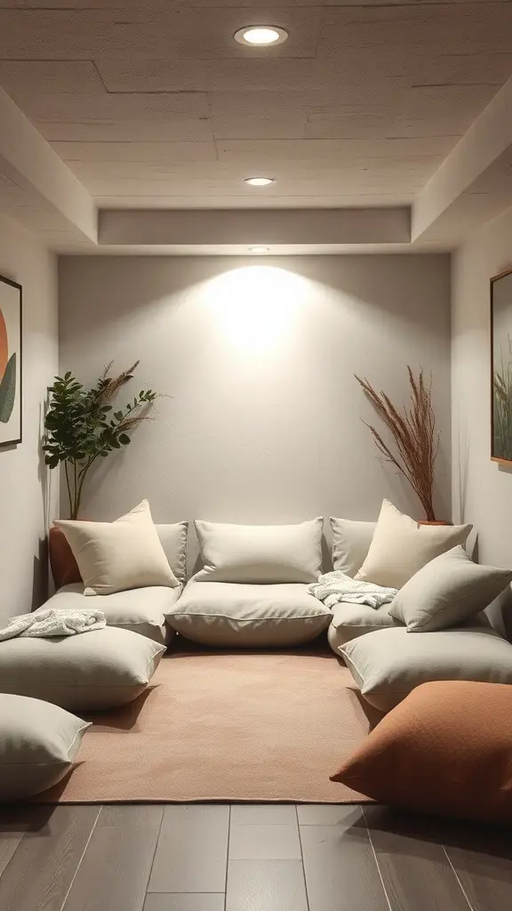 Cozy meditation space with soft cushions and warm lighting