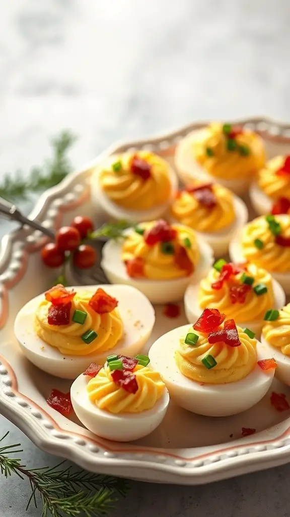 A platter of deviled eggs topped with bacon bits and green onions.