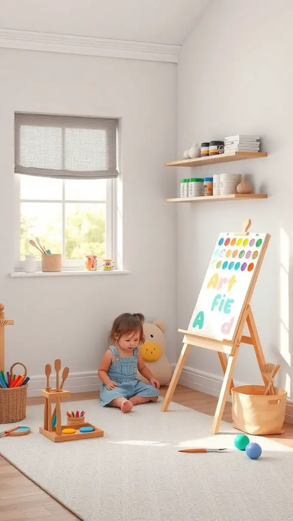 A bright and cheerful toddler art space with a child sitting on the floor, an easel, and art supplies.