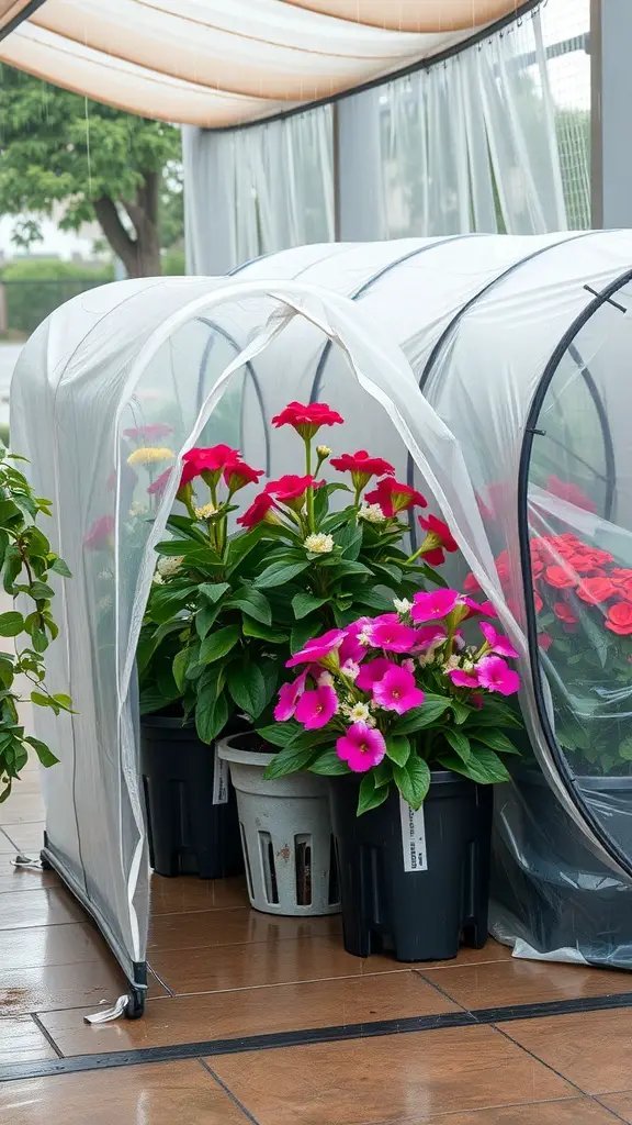 Container flowers protected by a clear cover in a greenhouse setting.