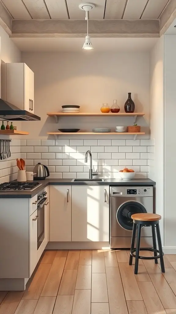 A compact kitchenette featuring a stove, sink, and washing machine with open shelves and a stool.