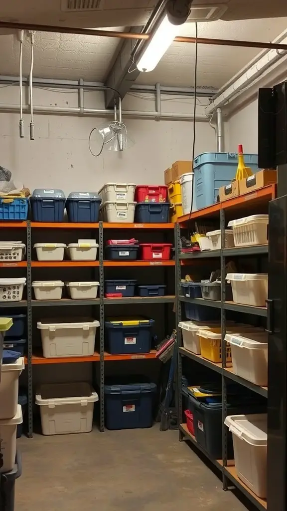 25+ Budget-Friendly Unfinished Basement Ideas to Transform Your Space 12 Organized storage area in an unfinished basement with shelves and bins.