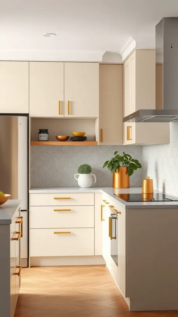 A modern kitchen featuring cream cabinetry and gold accents, showcasing sleek appliances and a warm atmosphere.