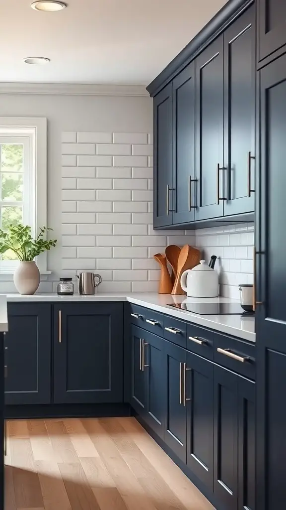 27+ Stunning Dark Blue Kitchen Cabinet Ideas for a Stylish Upgrade 2 A modern kitchen featuring elegant navy blue cabinets and a white backsplash.