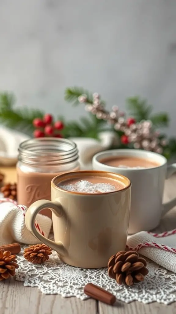 29+ Creative Hot Cocoa Bar Ideas for Cozy Gatherings 11 A cozy hot cocoa bar setup with mugs, pinecones, and festive decorations.