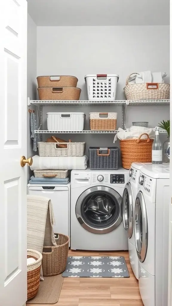 27+ Creative Mini Laundry Room Ideas to Maximize Your Space 3 A mini laundry room featuring organized baskets and hampers on shelves.