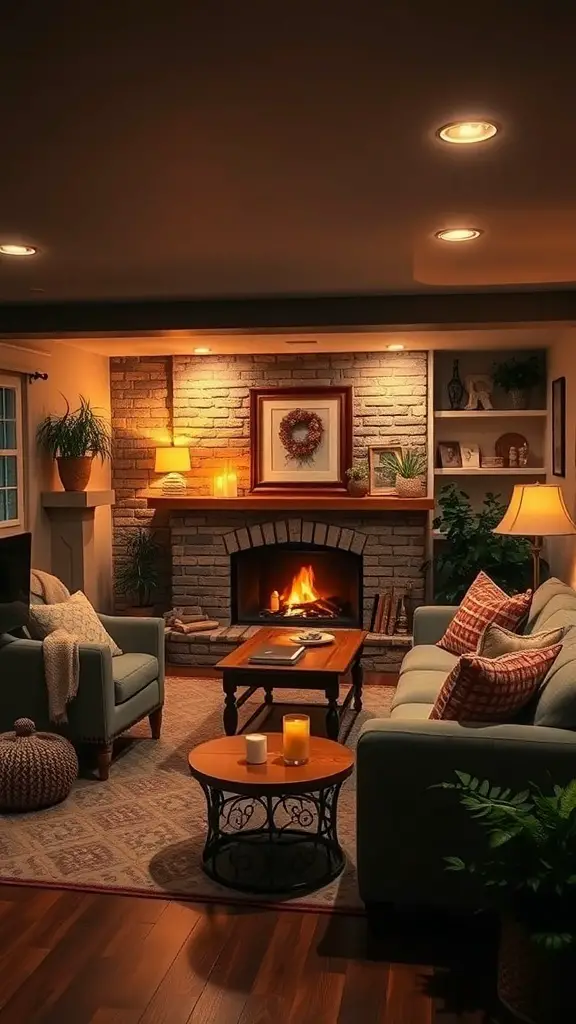 Cozy basement family room with warm lighting, a fireplace, and comfortable seating.