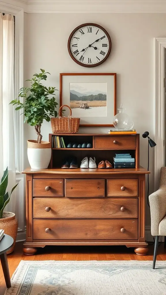 A wooden dresser repurposed as a shoe rack, displaying shoes on top and with drawers beneath.