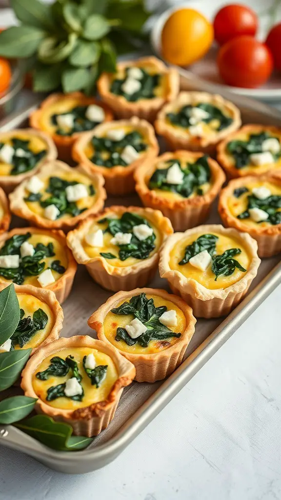 29+ Festive Christmas Brunch Buffet Ideas 3 A tray of mini quiches filled with spinach and feta cheese, garnished with fresh greens, ready for a Christmas brunch buffet.