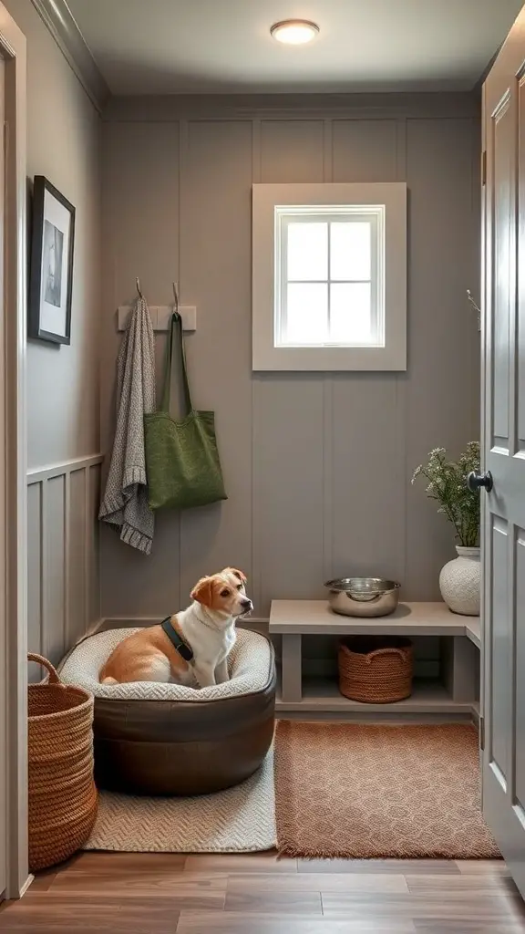 A cozy mudroom featuring a pet bed, water bowl, and storage baskets, designed for pet-friendly living.