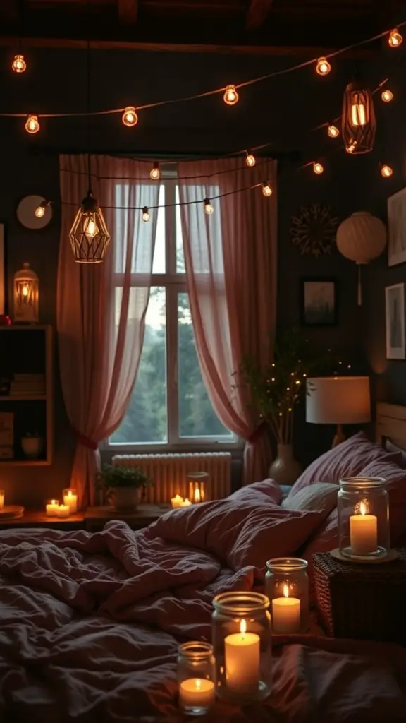 31+ Dark Boho Bedroom Ideas 2 A dark boho bedroom with layered lighting including string lights, table lamps, and candles.