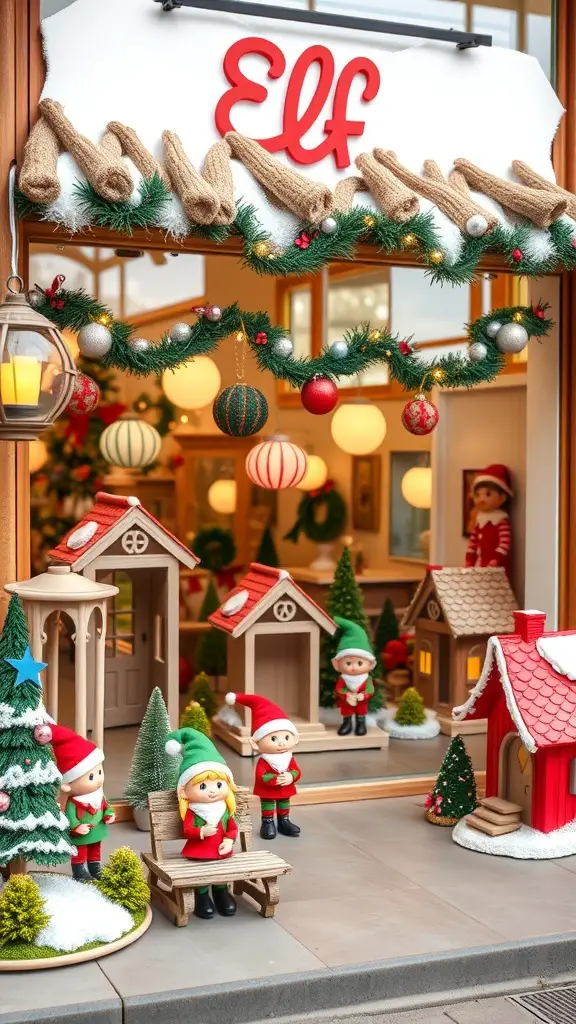 31+ Stunning Storefront Christmas Displays to Get You in the Holiday Spirit 10 A festive storefront display featuring a whimsical elf village with tiny houses and cheerful elf figures.